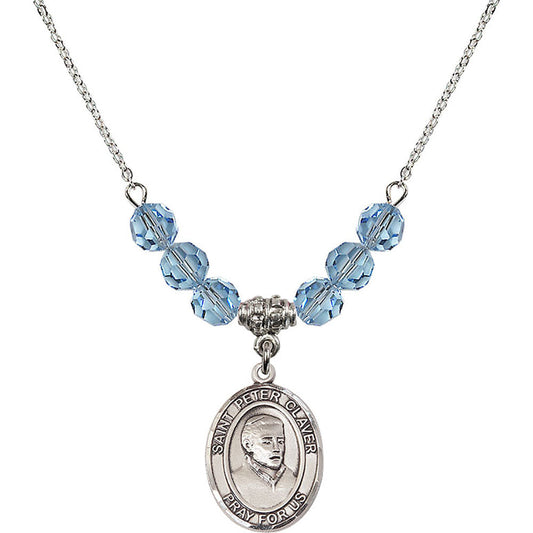Sterling Silver Saint Peter Claver Birthstone Necklace with Aqua Beads - 8442