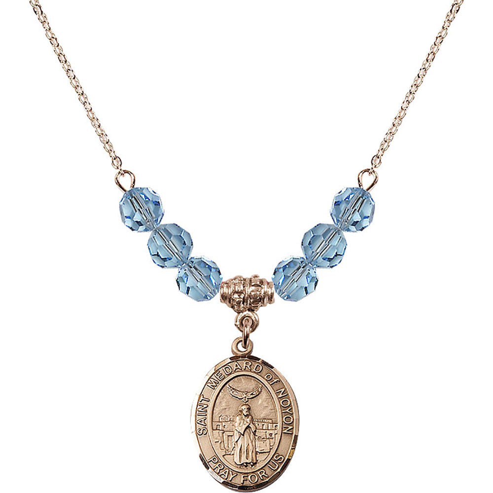 14kt Gold Filled Saint Medard of Noyon Birthstone Necklace with Aqua Beads - 8444