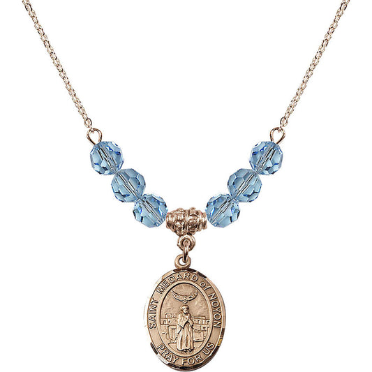 14kt Gold Filled Saint Medard of Noyon Birthstone Necklace with Aqua Beads - 8444