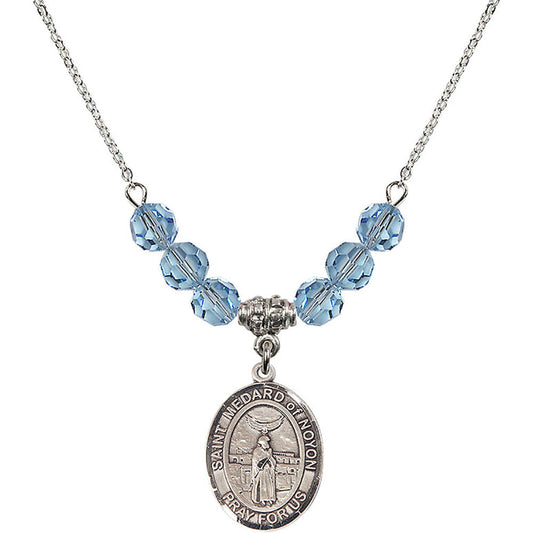 Sterling Silver Saint Medard of Noyon Birthstone Necklace with Aqua Beads - 8444