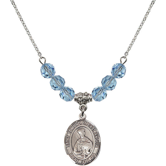 Sterling Silver Saint Edmund of East Anglia Birthstone Necklace with Aqua Beads - 8445