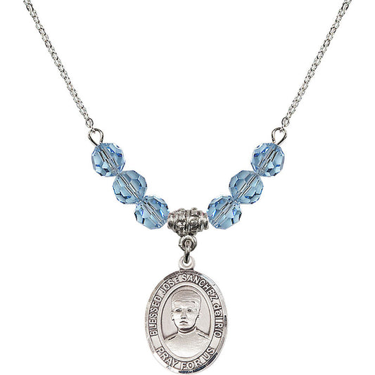 Sterling Silver Blessed Jose Sanchez del Rio Birthstone Necklace with Aqua Beads - 8446