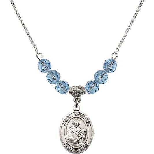 Sterling Silver Saint Norbert of Xanten Birthstone Necklace with Aqua Beads - 8447