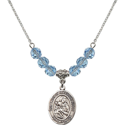Sterling Silver Our Lady of the Precious Blood Birthstone Necklace with Aqua Beads - 8448