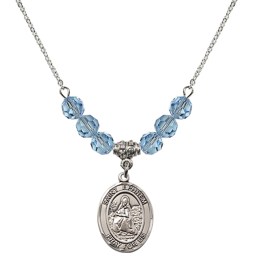 Sterling Silver Saint Ephrem Birthstone Necklace with Aqua Beads - 8449