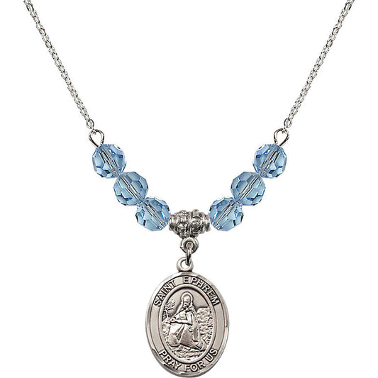 Sterling Silver Saint Ephrem Birthstone Necklace with Aqua Beads - 8449