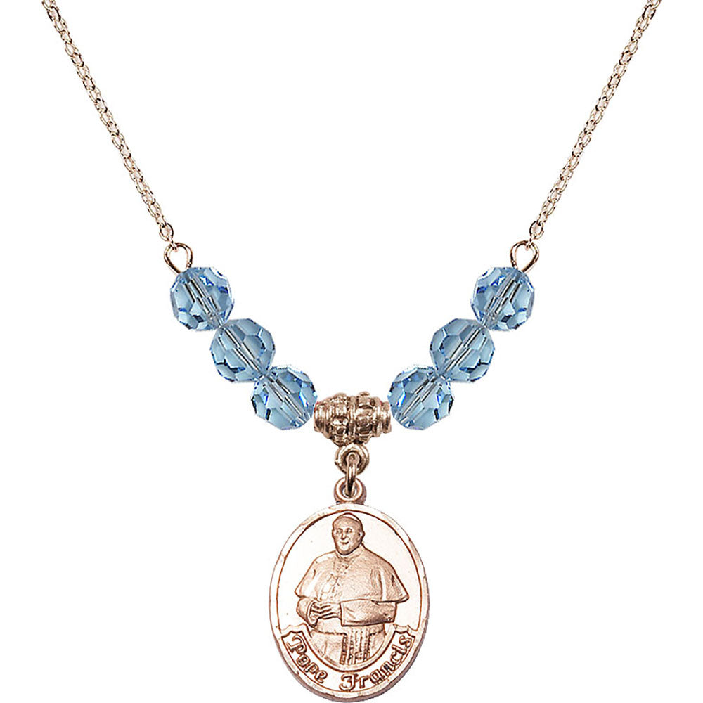 14kt Gold Filled Pope Francis Birthstone Necklace with Aqua Beads - 8451