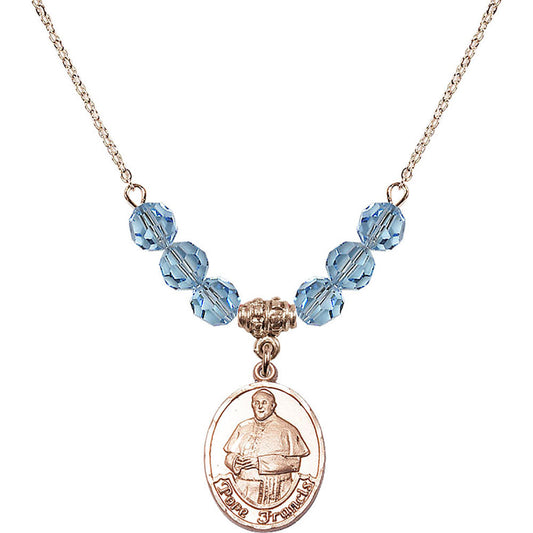 14kt Gold Filled Pope Francis Birthstone Necklace with Aqua Beads - 8451
