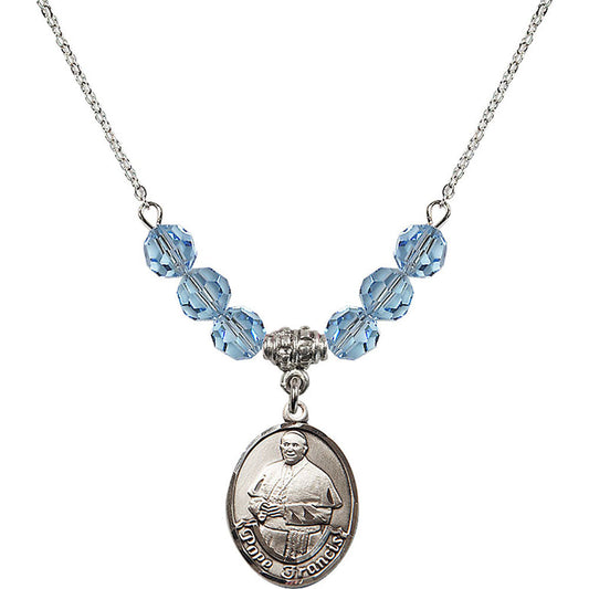 Sterling Silver Pope Francis Birthstone Necklace with Aqua Beads - 8451