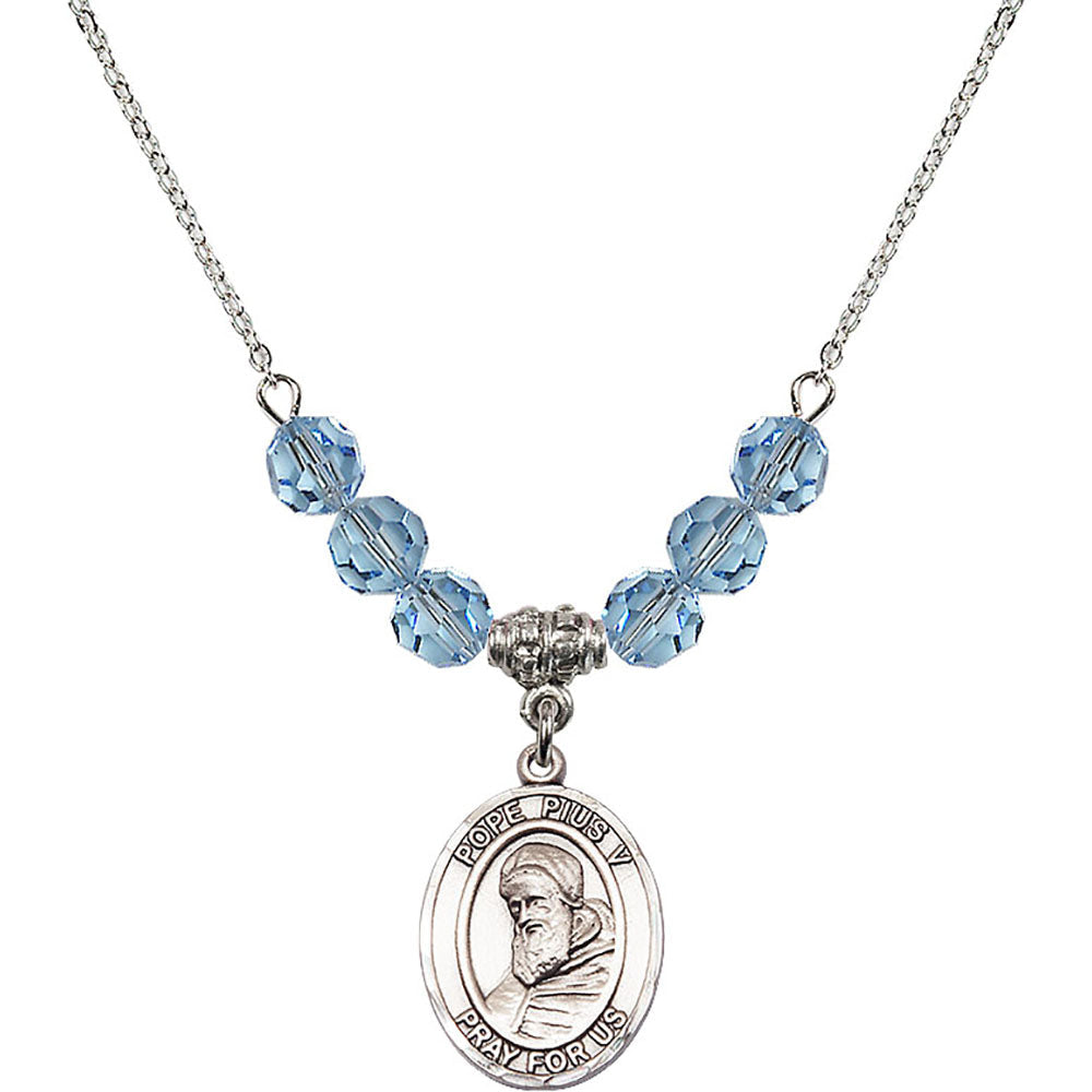 Sterling Silver Saint Pius V Birthstone Necklace with Aqua Beads - 8452