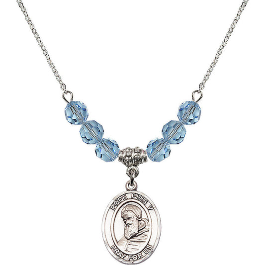 Sterling Silver Saint Pius V Birthstone Necklace with Aqua Beads - 8452
