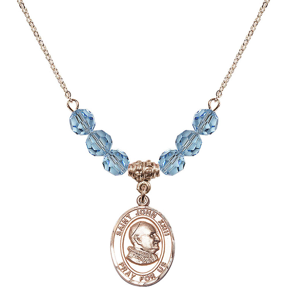 14kt Gold Filled Saint John XXIII Birthstone Necklace with Aqua Beads - 8455