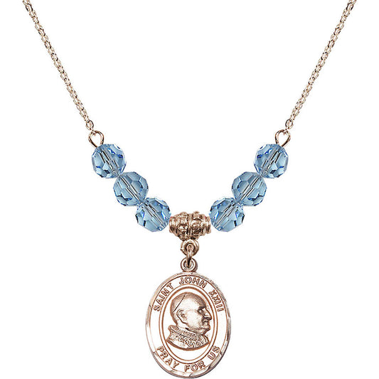 14kt Gold Filled Saint John XXIII Birthstone Necklace with Aqua Beads - 8455