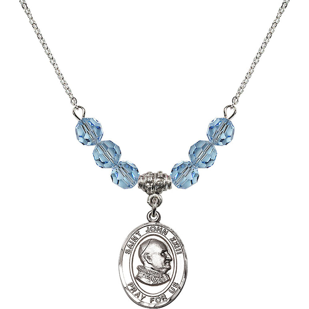 Sterling Silver Saint John XXIII Birthstone Necklace with Aqua Beads - 8455