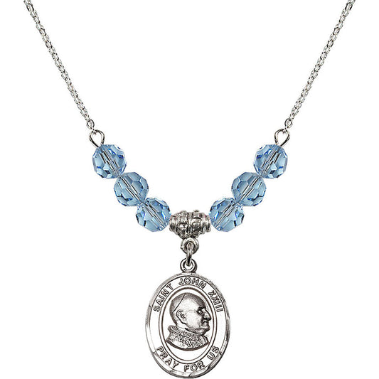 Sterling Silver Saint John XXIII Birthstone Necklace with Aqua Beads - 8455