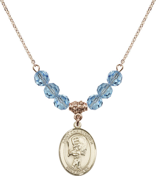 14kt Gold Filled Saint Christopher/Baseball Birthstone Necklace with Aqua Beads - 8500