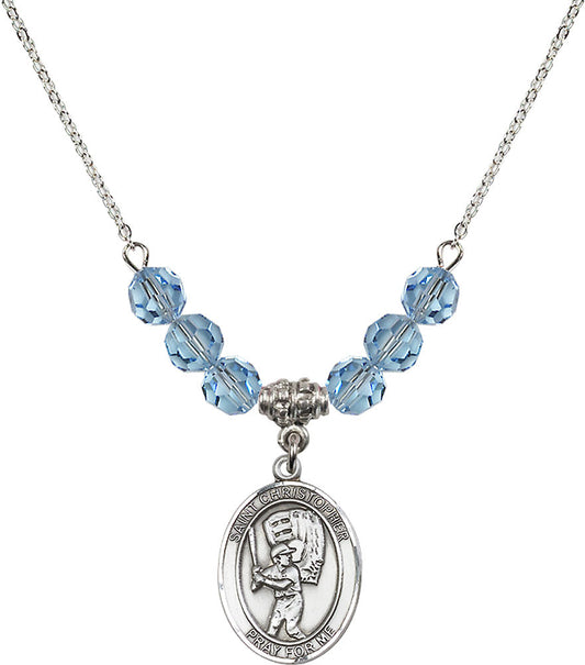 Sterling Silver Saint Christopher/Baseball Birthstone Necklace with Aqua Beads - 8500