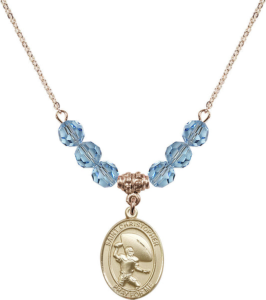 14kt Gold Filled Saint Christopher / Football Birthstone Necklace with Aqua Beads - 8501