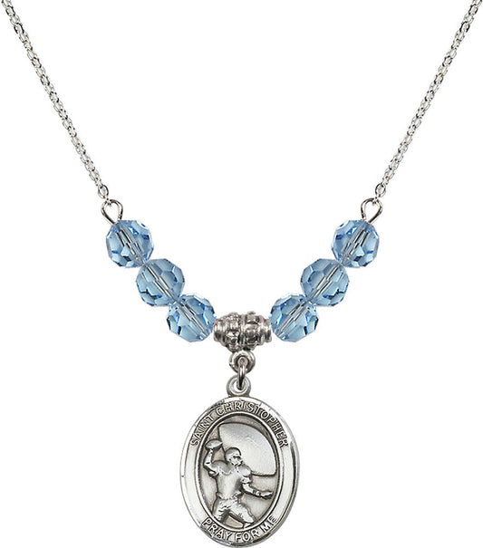 Sterling Silver Saint Christopher / Football Birthstone Necklace with Aqua Beads - 8501
