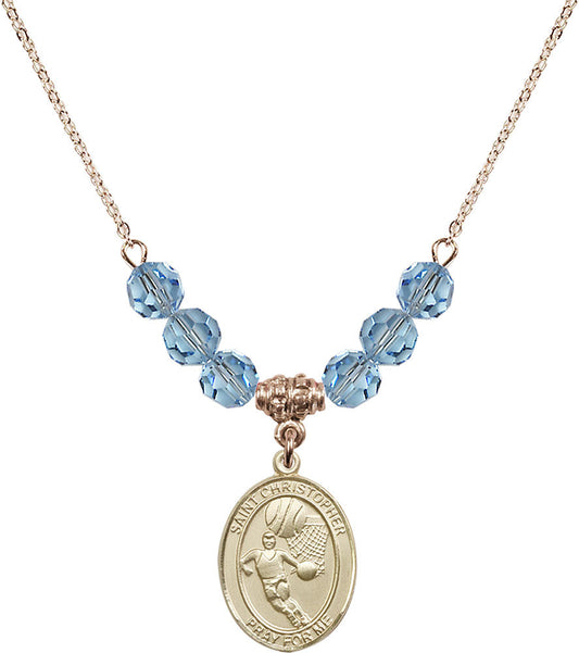 14kt Gold Filled Saint Christopher/Basketball Birthstone Necklace with Aqua Beads - 8502