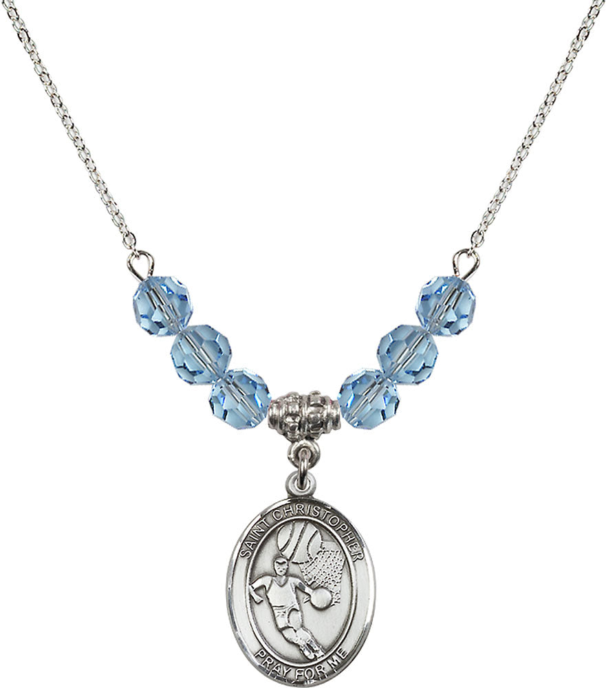 Sterling Silver Saint Christopher/Basketball Birthstone Necklace with Aqua Beads - 8502