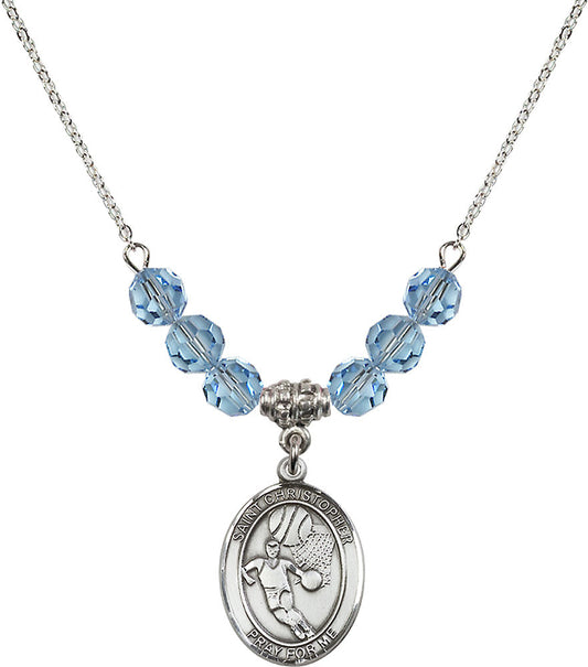 Sterling Silver Saint Christopher/Basketball Birthstone Necklace with Aqua Beads - 8502