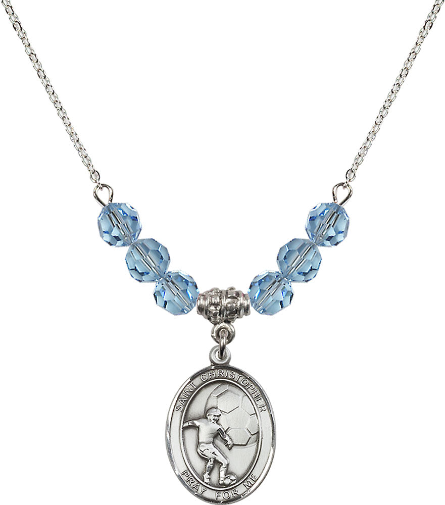 Sterling Silver Saint Christopher/Soccer Birthstone Necklace with Aqua Beads - 8503