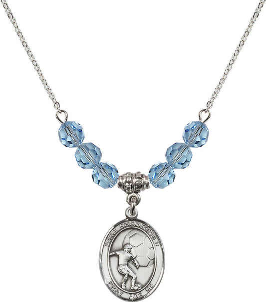 Sterling Silver Saint Christopher/Soccer Birthstone Necklace with Aqua Beads - 8503