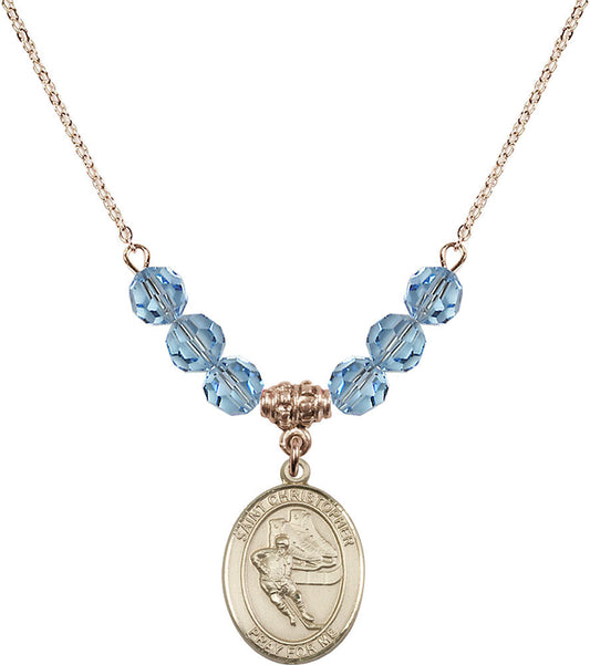 14kt Gold Filled Saint Christopher/Hockey Birthstone Necklace with Aqua Beads - 8504