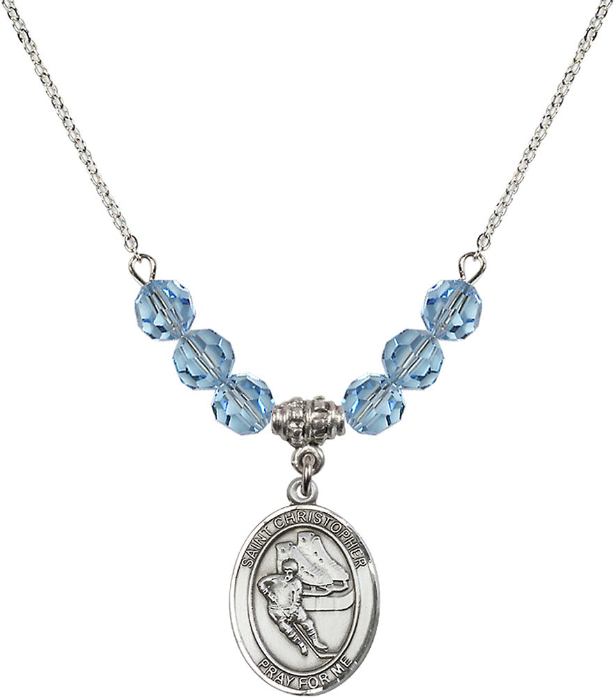 Sterling Silver Saint Christopher/Hockey Birthstone Necklace with Aqua Beads - 8504