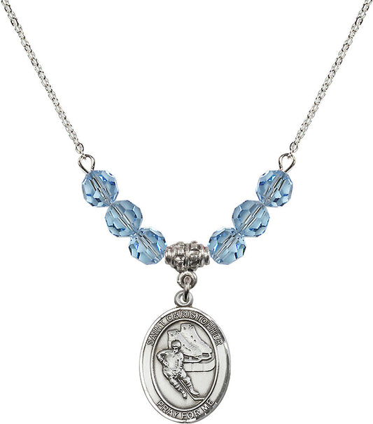 Sterling Silver Saint Christopher/Hockey Birthstone Necklace with Aqua Beads - 8504