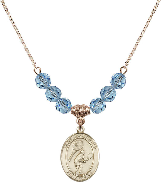14kt Gold Filled Saint Christopher/Tennis Birthstone Necklace with Aqua Beads - 8505