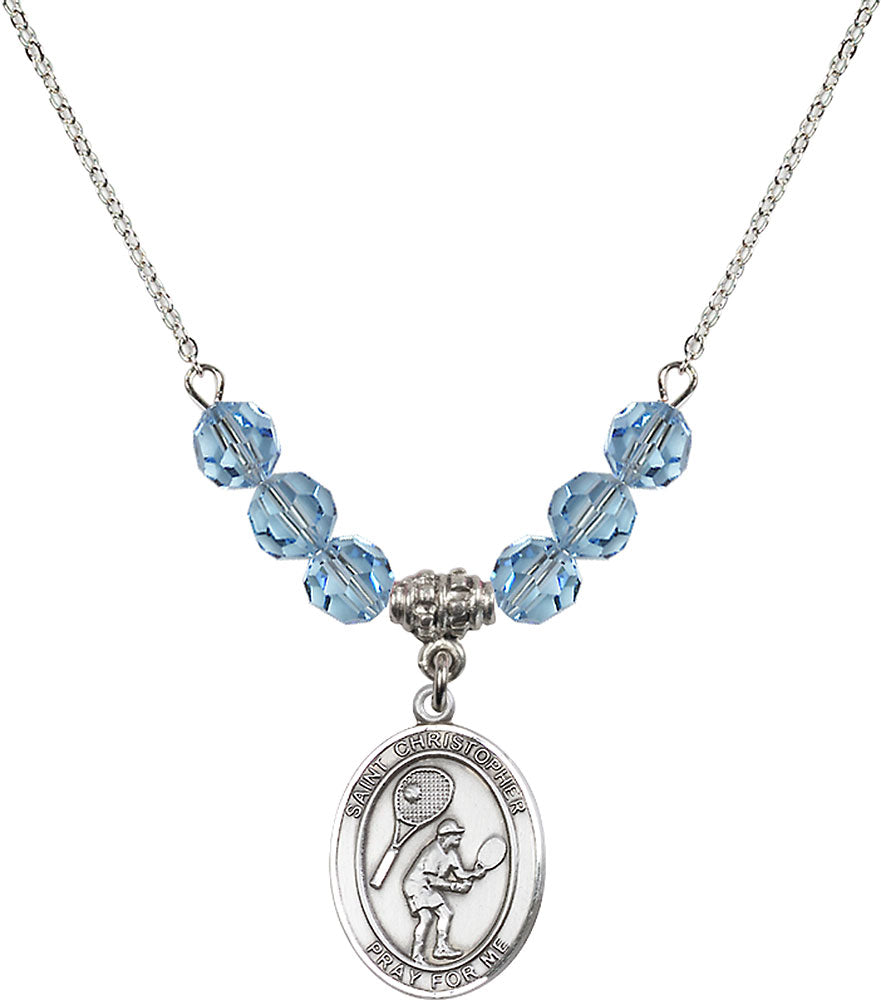 Sterling Silver Saint Christopher/Tennis Birthstone Necklace with Aqua Beads - 8505