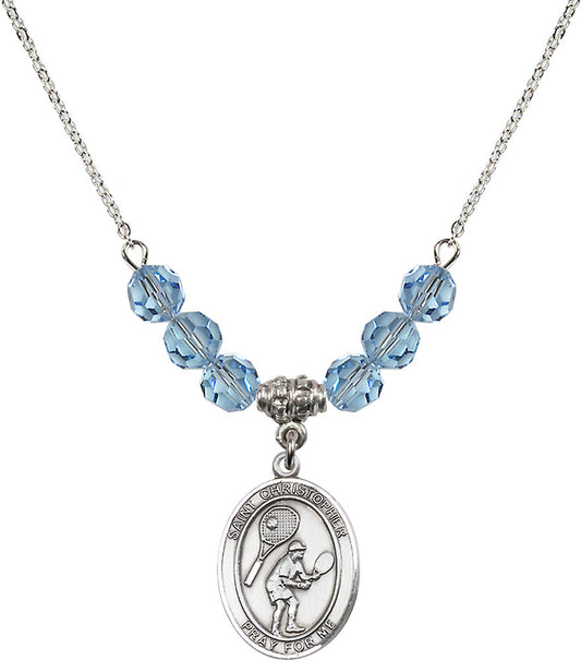 Sterling Silver Saint Christopher/Tennis Birthstone Necklace with Aqua Beads - 8505