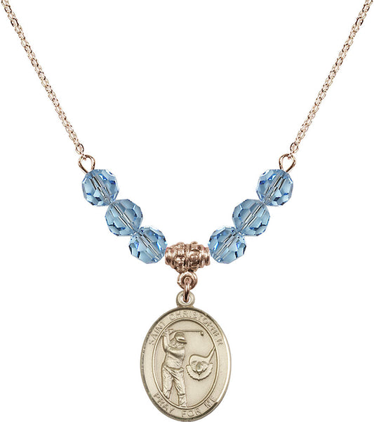 14kt Gold Filled Saint Christopher/Golf Birthstone Necklace with Aqua Beads - 8506