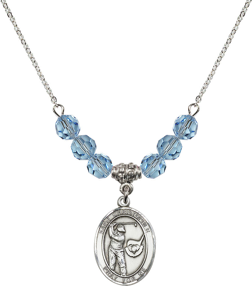 Sterling Silver Saint Christopher/Golf Birthstone Necklace with Aqua Beads - 8506