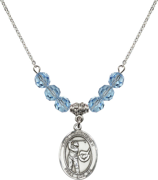 Sterling Silver Saint Christopher/Golf Birthstone Necklace with Aqua Beads - 8506