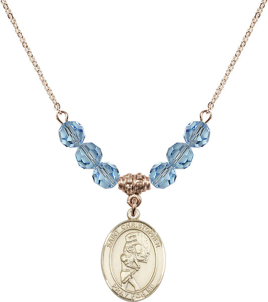 14kt Gold Filled Saint Christopher/Softball Birthstone Necklace with Aqua Beads - 8507