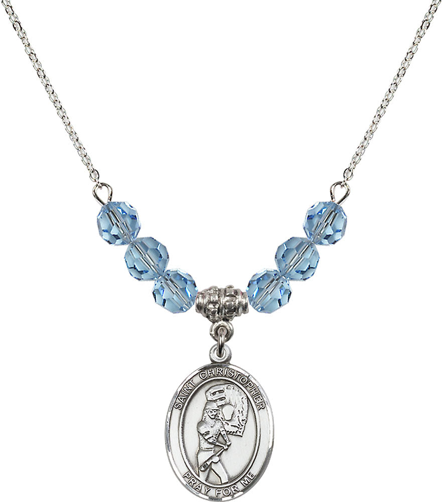 Sterling Silver Saint Christopher/Softball Birthstone Necklace with Aqua Beads - 8507