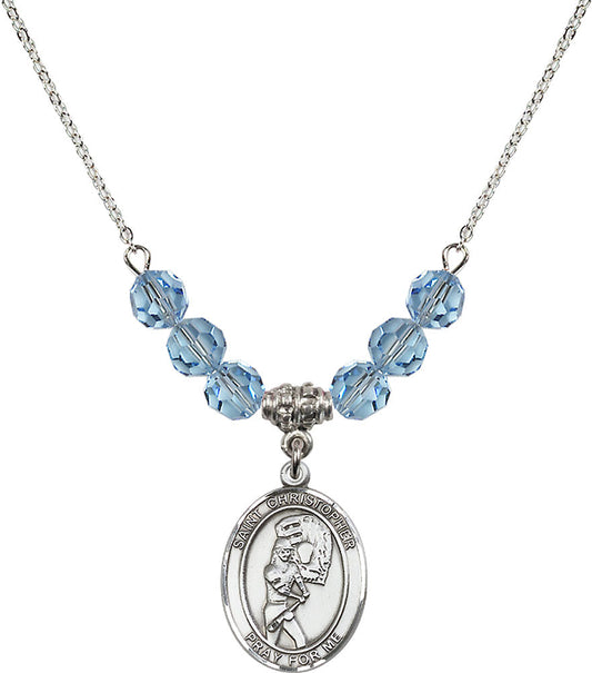 Sterling Silver Saint Christopher/Softball Birthstone Necklace with Aqua Beads - 8507