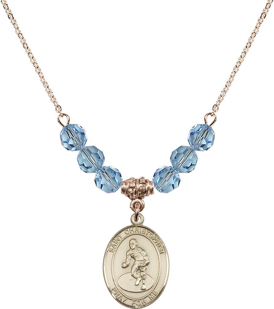 14kt Gold Filled Saint Christopher/Wrestling Birthstone Necklace with Aqua Beads - 8508