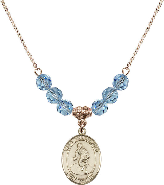 14kt Gold Filled Saint Christopher/Wrestling Birthstone Necklace with Aqua Beads - 8508