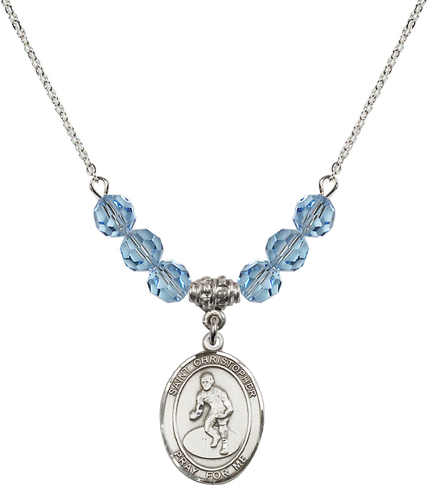 Sterling Silver Saint Christopher/Wrestling Birthstone Necklace with Aqua Beads - 8508