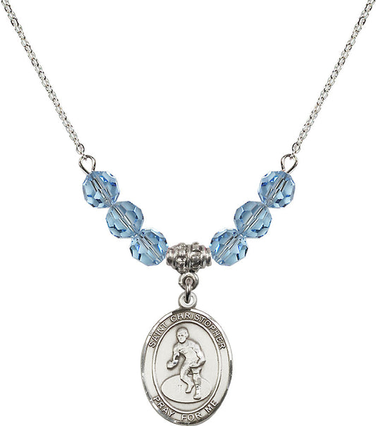 Sterling Silver Saint Christopher/Wrestling Birthstone Necklace with Aqua Beads - 8508