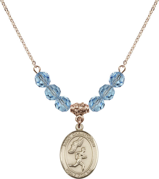 14kt Gold Filled Saint Christopher/Track&Field-Men Birthstone Necklace with Aqua Beads - 8509