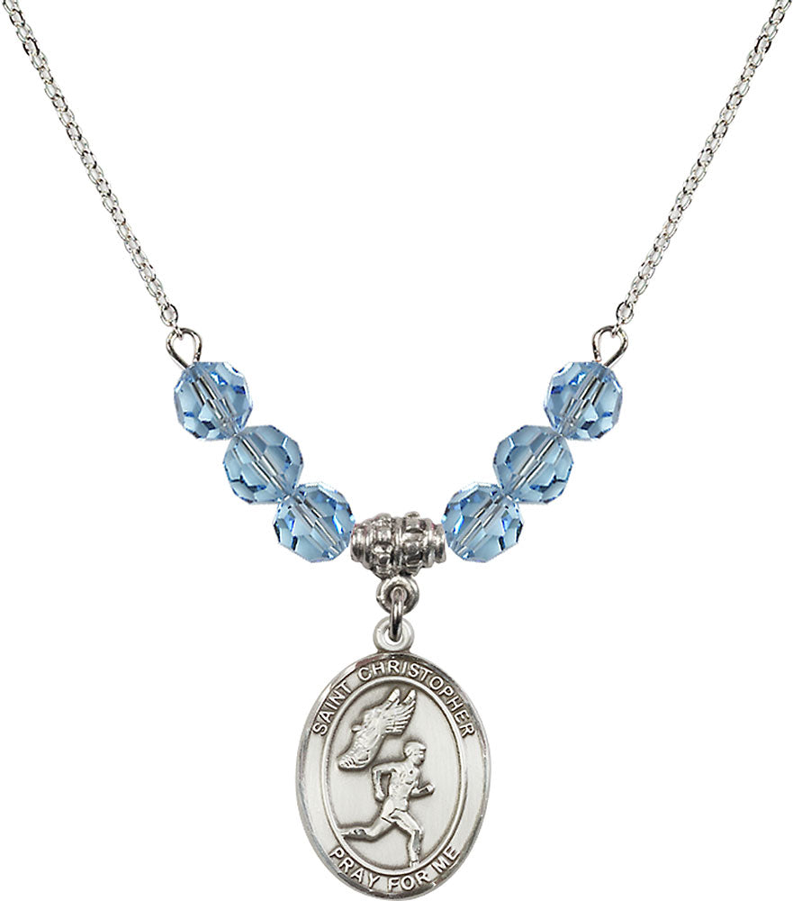 Sterling Silver Saint Christopher/Track&Field-Men Birthstone Necklace with Aqua Beads - 8509