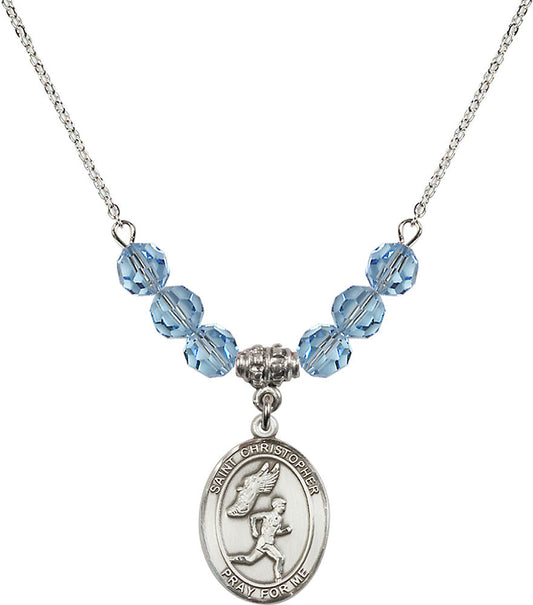 Sterling Silver Saint Christopher/Track&Field-Men Birthstone Necklace with Aqua Beads - 8509