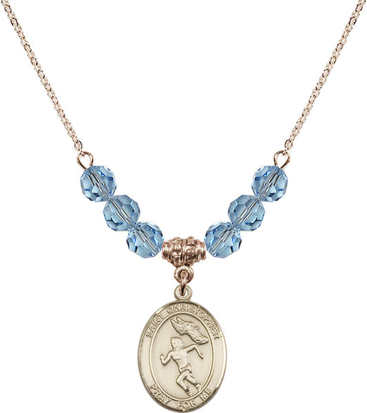 14kt Gold Filled Saint Christopher/Track&Field-Women Birthstone Necklace with Aqua Beads - 8510