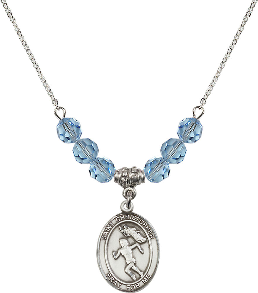 Sterling Silver Saint Christopher/Track&Field-Women Birthstone Necklace with Aqua Beads - 8510