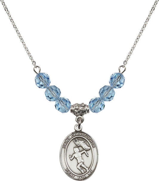 Sterling Silver Saint Christopher/Track&Field-Women Birthstone Necklace with Aqua Beads - 8510